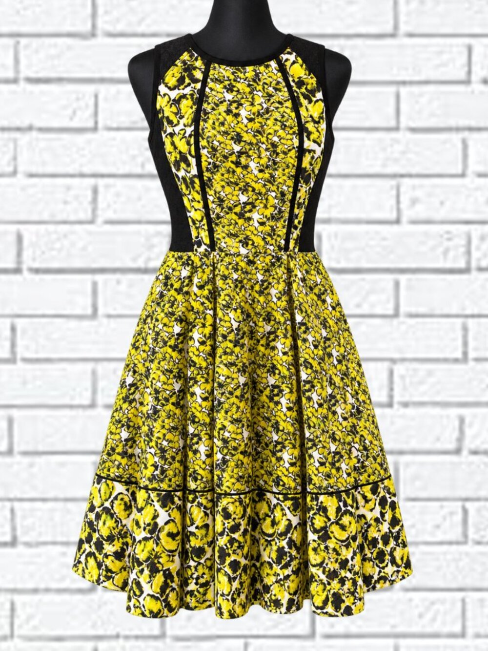 Oscar de la Renta | Yellow Corded Black Lace | Midi Dress